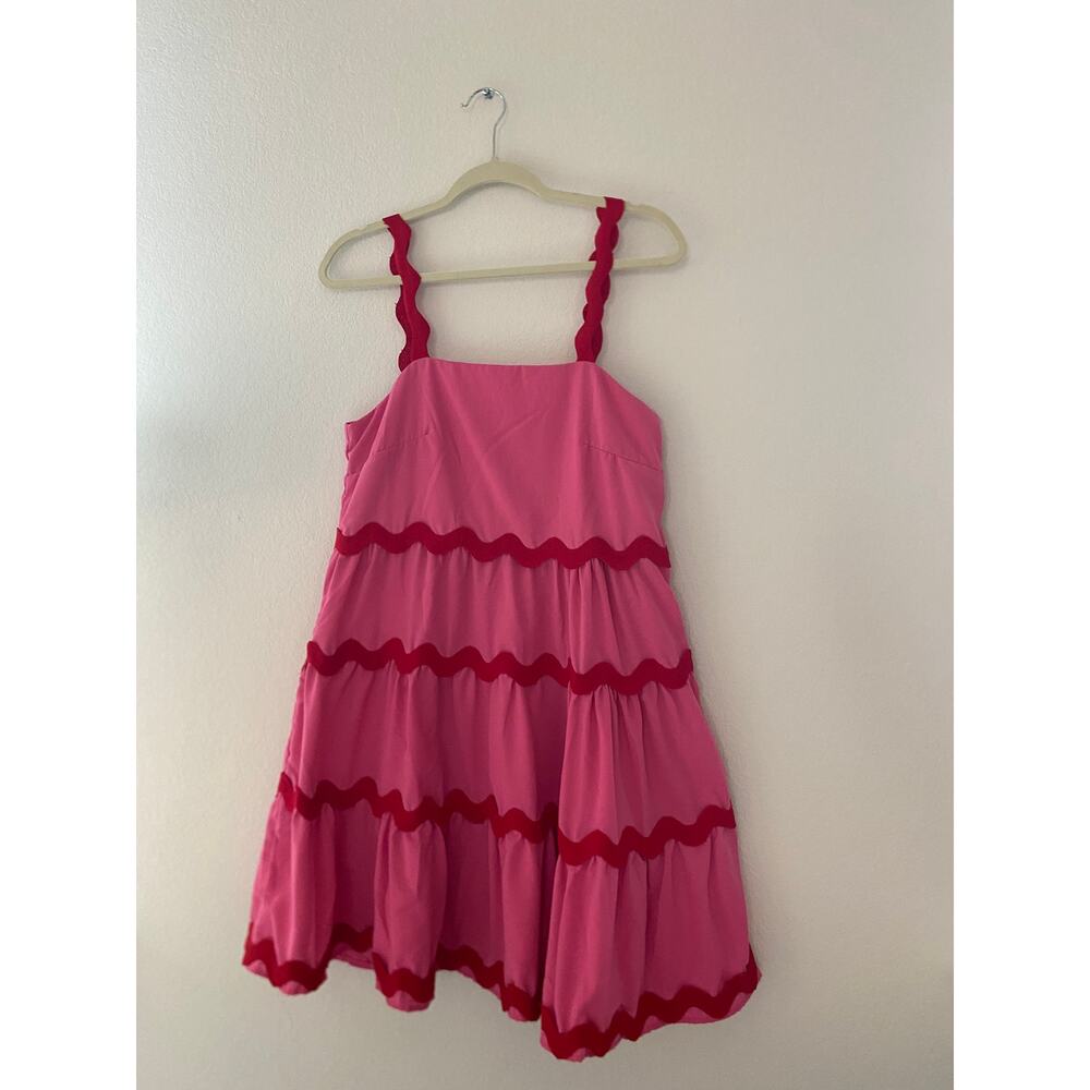 Pink Ric Rac Tiered Mini Dress Hot Pink & Red Sundress Size M - Picture 3 of 6